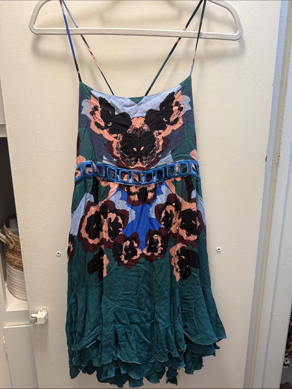 Free People Teal Green Floral Dress with Pink and Black Accents